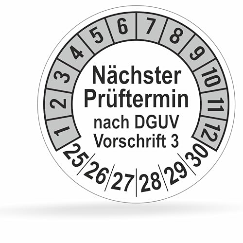 beihaasnatuerlich® 112 Stck Prüfplaketten "Nächster Prüftermin", 20 mm Ø, Prüfetiketten nach DGUV V3, 2025-2030, Prüfaufkleber, E-Check Prüfetikett, Plakette für Elektrogeräte (Grau, 1 Bogen) von beihaasnatuerlich