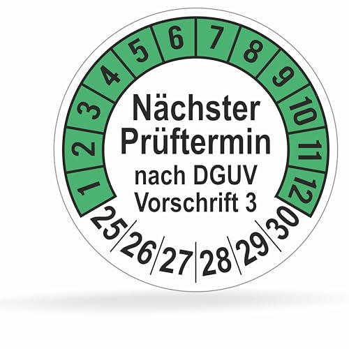 beihaasnatuerlich® 112 Stck Prüfplaketten "Nächster Prüftermin", 20 mm Ø, Prüfetiketten nach DGUV V3, 2025-2030, Prüfaufkleber, E-Check Prüfetikett, Plakette für Elektrogeräte (Grün, 1 Bogen) von beihaasnatuerlich