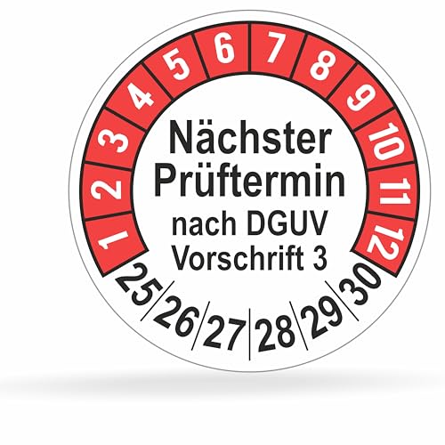 beihaasnatuerlich® 112 Stck Prüfplaketten "Nächster Prüftermin", 20 mm Ø, Prüfetiketten nach DGUV V3, 2025-2030, Prüfaufkleber, E-Check Prüfetikett, Plakette für Elektrogeräte (Rot, 1 Bogen) von beihaasnatuerlich