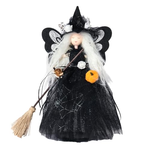 belupai Halloween-Dekoration, Halloween-Plüsch-Hexenpuppe mit Besen, Schwarze Hexe mit Spinnennetzkleid und Schmetterlingsflügel für Halloween-Partys, Karneval, Heimtisch (A) von belupai