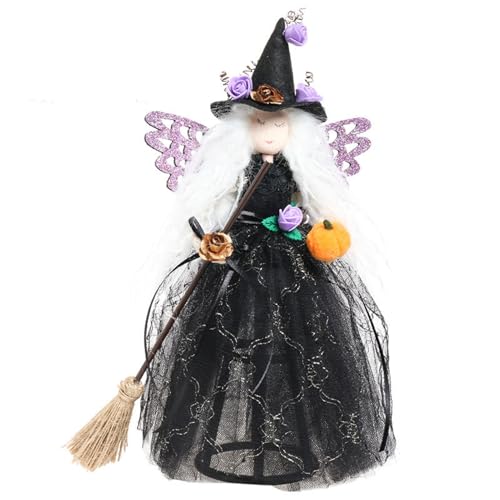 belupai Halloween-Dekoration, Halloween-Plüsch-Hexenpuppe mit Besen, Schwarze Hexe mit Spinnennetzkleid und Schmetterlingsflügel für Halloween-Partys, Karneval, Heimtisch (B) von belupai