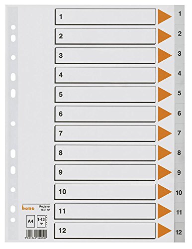 bene Zahlen - Register 1-12 / Vollformat DIN A4 / Polypropylen 120 my / 12-teilig / grau von bene