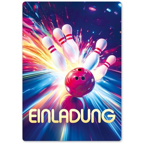 beriluDesign Bowling Einladungskarten (12er Set) zum Kindergeburtstag Kegeln Kinder Geburtstag-Einladungen Karten Feier Party Jungen Mädchen (Bowling Bunt) von beriluDesign