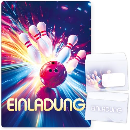 beriluDesign Bowling Einladungskarten (12er Set) zum Kindergeburtstag Kegeln Kinder Geburtstag-Einladungen Karten Feier Party Jungen Mädchen (Bowling Bunt + Umschläge) von beriluDesign