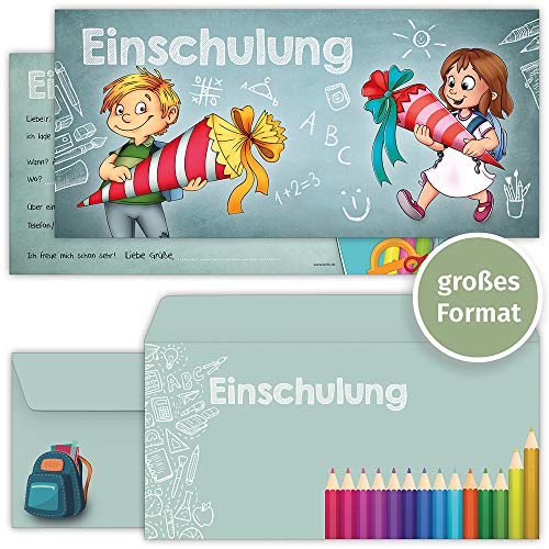 beriluDesign Einschulung Einladungskarten mit Umschlägen (12er Set) zum Schulanfang | Einladungen für Kinder zum Schulbeginn von beriluDesign