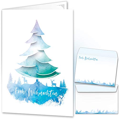 beriluDesign Weihnachtskarten mit Umschlägen 15er Set - Klappkarten mit Weihnachtsbaum-Motiv in Blau-Weiß für die schönsten Weihnachtsgrüße von beriluDesign