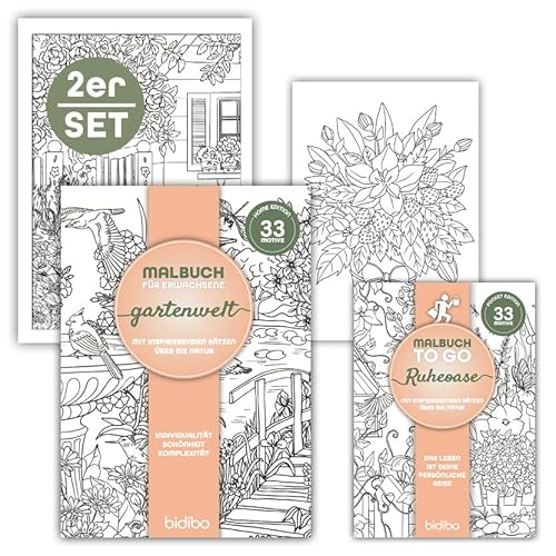 2er Set Natur Malbuch-Set für Erwachsene - Blumen & Garten-Ausmal-Bücher - exklusive Motive - motivierende Sprüche - viele Ausmalseiten - Entspannung Stressabbau - A4 & A5 - von bidibo von bidibo