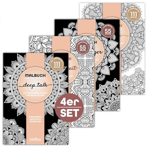 4er Set Extra XXL Malbücher-Set für Erwachsene - Mandala & Garten-Ausmal-Bücher exklusive Motive - Ausmalbuch mit motivierenden Sprüchen für Entspannung Stressabbau - Zuhaue & to-go - bidibo von bidibo