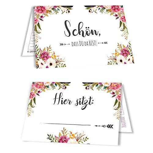 50 Tischkarten Hochzeit Sitzplatzkarten Platzkarten Namensschilder Namenskarten 50er Set Bohemian Hippi Blumenmuster Boho Dream von bigdaygraphix