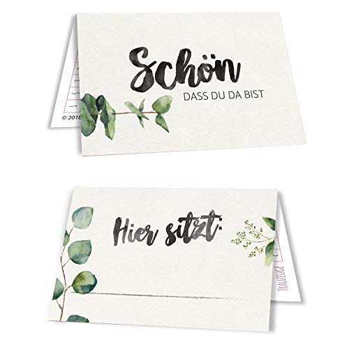 50 Tischkarten Hochzeit Sitzplatzkarten Platzkarten Namensschilder Namenskarten 50er Set Evergreen Love Eukalyptus grün von bigdaygraphix