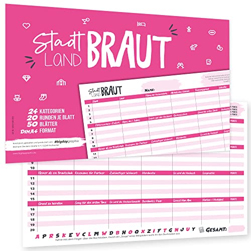 bigdaygraphix Stadt Land Fluss Braut XXL Partyspiel Junggesellinnenabschied I 50 Seiten A4 Block Gesellschaftsspiel I witziges Spiel JGA pink rosa von bigdaygraphix