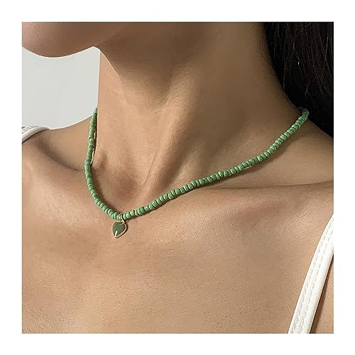 birene Halskette 1pc Perlen Halskette Mehrfarbige Handgemachte Süße Herz Anhänger Halskette Mädchen Kragen for Frauen Mode Jewerly Schmuck(Green) von birene