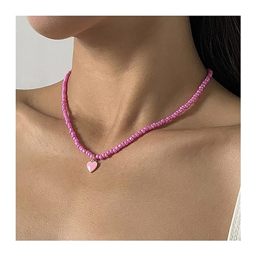 birene Halskette 1pc Perlen Halskette Mehrfarbige Handgemachte Süße Herz Anhänger Halskette Mädchen Kragen for Frauen Mode Jewerly Schmuck(Pink) von birene