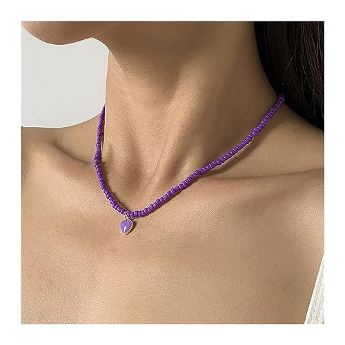 birene Halskette 1pc Perlen Halskette Mehrfarbige Handgemachte Süße Herz Anhänger Halskette Mädchen Kragen for Frauen Mode Jewerly Schmuck(Purple) von birene