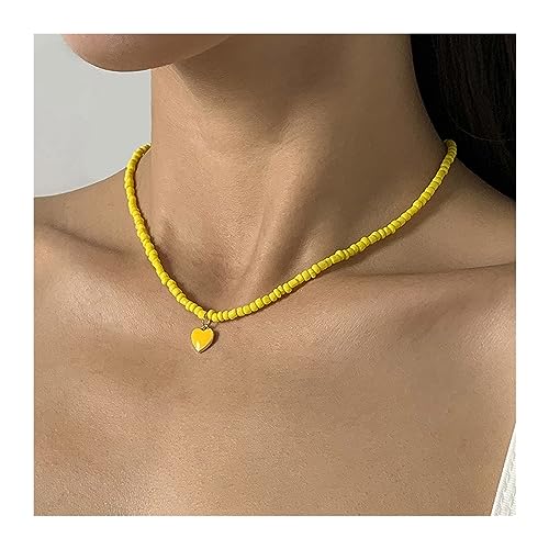 birene Halskette 1pc Perlen Halskette Mehrfarbige Handgemachte Süße Herz Anhänger Halskette Mädchen Kragen for Frauen Mode Jewerly Schmuck(Yellow) von birene