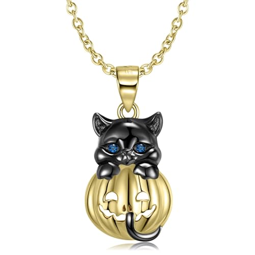 birene Halskette Halloween Black Cat Kürbis Anhänger, S925 Silber Mode Halloween Halskette, Geschenk Halsband Silber Ornamente Schmuck von birene