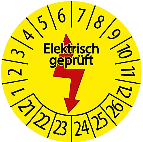 Elektrisch geprüft Prüfplakette 21-26, 100 Stück + 5 Gratis, Prüfetikett Elektroprüfung VDE, 30mm Ø von birro-IT-WERBUNG