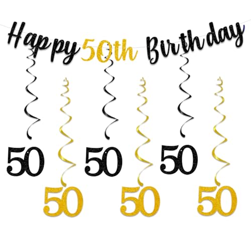 Party-Dekorationen zum 50. Geburtstag, für Männer und Frauen, Happy 50th Bunting Banner, hängende Wirbel, Luftschlangen für Damen und Herren, 50. Jahrestag, Party-Dekoration, Zubehör, Schwarz / Gold Party-Dekorationen zum 50. Geburtstag, für Männer und Frauen, Happy 50th Bunting Banner, hängende Wirbel, Luftschlangen für Damen und Herren, 50. Jahrestag, Party-Dekoration, Zubehör, Schwarz / Gold von bng-bng