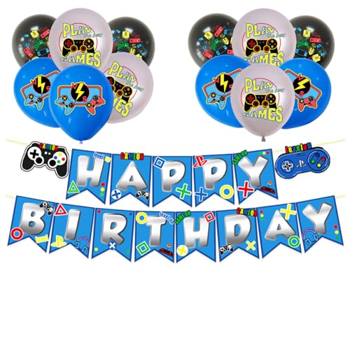 bng-bng Game Birthday Video Decoration Game Happy Birthday Bunting Banner and Balloons For Game Theme Party Decorations Boys Girls Kids Party Supplies Backdrop Blue von bng-bng