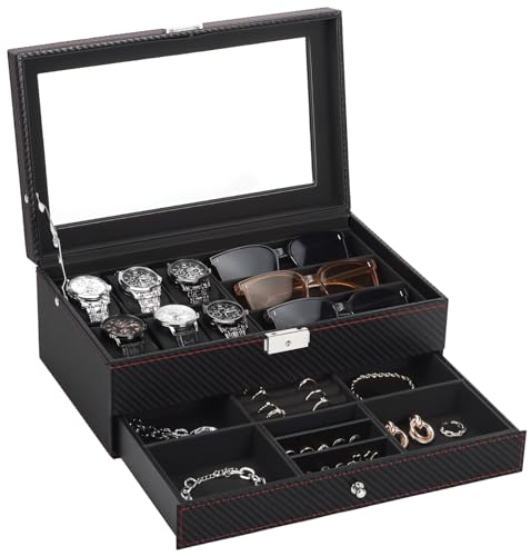 Uhrenbox, Herren-Schmuckschatulle aus Leder mit 6 Schlitzen und 3 Schlitzen, Sonnenbrillen-Organizer, 2 Ebenen, abschließbarer Uhrenhalter, Organizer mit Glasdeckel für Ohrringe, Ringe, Armbänder, von boailydi