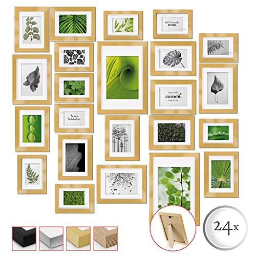 bomoe 24er Bilderrahmen Set Verschiedene Größen 10x15cm 13x18cm 15x20cm 20x30cm Fotorahmen Bilderrahmen Collage Gold mit Passepartout – Fotowand Bilderrahmen Gold Holz Nature von bomoe