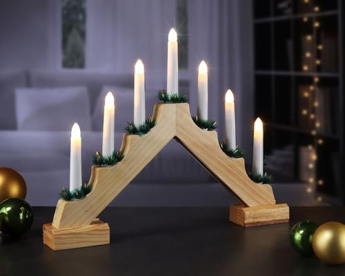 Schwibbogen aus Holz - Lichterbogen für Weihnachten mit 7 warm-weißen LED Kerzen, batteriebetrieben von bonsport