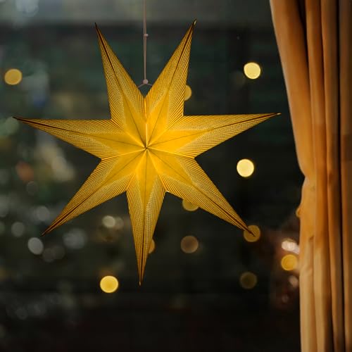 bonsport LED Weihnachtsstern Papier beleuchtet 60cm - Papierstern beleuchtet & batteriebetrieben zum Aufhängen - Stern Deko Weihnachten Fenster, weiß/gold von bonsport