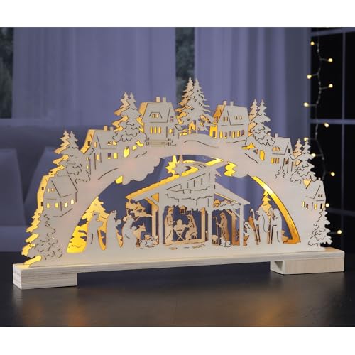 bonsport Schwibbogen aus Holz - Lichterbogen für Weihnachten mit 9 warm-weißen LEDs, batteriebetrieben von bonsport