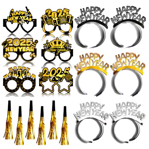 boocooberg 18pcs Silvester Deko 2025,Silvester Haarreif Silvester Brille 2025,Happy New Year Deko Haarreif,New Year Decoration,Silvester Party Stirnband Dekoration Party Foto Requisiten Stirnband von boocooberg