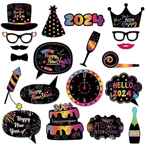 20pc Silvester Deko 2024,Silvester Deko,Party Gadgets,Neujahrsparty Photo Booth Requisiten,Fotobox Accessoires,Handgehaltene Dekorative Fotorequisiten,Schwarz Gold Geburtstag Party Dekoration (20) von boocooberg