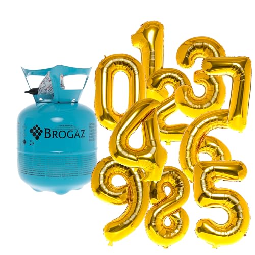 Helium Ballongas Set Einweg Gasflasche, inkl. Set 0-9 Zahlenballon Folienballons, Partydekoration, Geburtstagsdeko mit Balloon Gas mit Füllventil (Füllung für bis zu 20 runde Ballons) von brand promotion