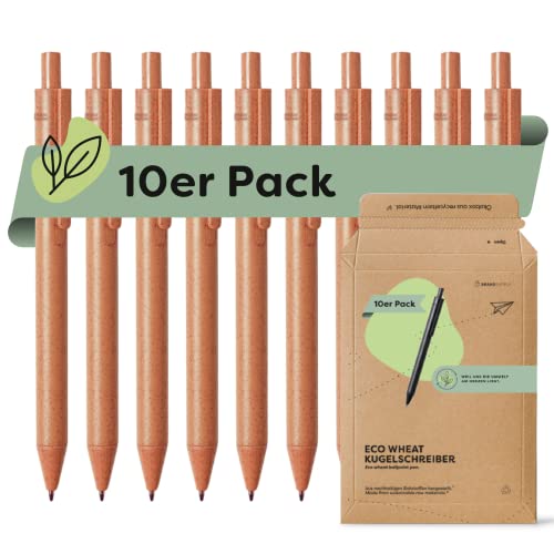 brandsupply® ECO WHEAT 10er SET – nachhaltiger Kugelschreiber aus Weizenstroh – hochwertige Kullis für weiches Schreiben - mit auswechselbarer Mine in blau (Farbe Orange) von brandsupply