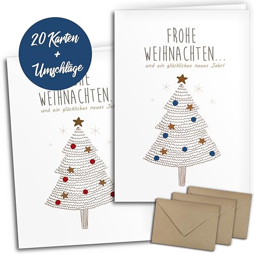 Veredelte Premium Weihnachtskarten mit Umschlägen (Kraftpapier) - 20 Stück | Tannenbaum | Weihnachtskarten-Set schlicht & edel | A6 exklusiv Klappkarten mit Umschlag Set geschäftlich Team Firma rot von brint.