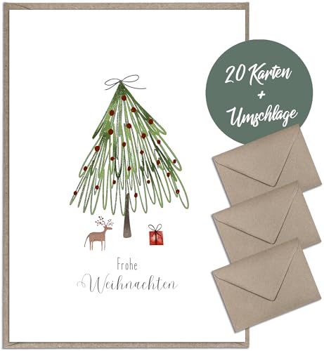 Weihnachtskarten mit Umschlägen aus Kraftpapier - 20 Stück (Veredelt) | Premium Weihnachtskarten-Set schlicht & edel | A6 exklusiv Klappkarten mit Umschlag Set geschäftlich firma team modern einfach von brint.