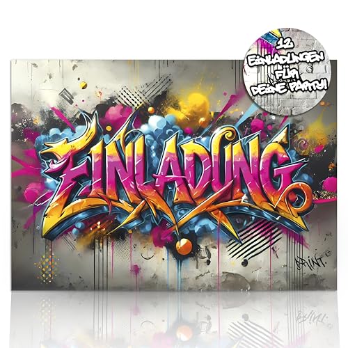 brint.® | 12x Einladungskarten Kindergeburtstag Junge & Mädchen | Graffiti | Freches Design mit cooler Rückseite | Geburtstagseinladungen zur Party-Einladungen für Jungen zum Geburtstag Kinder von brint.