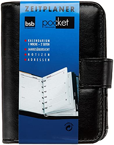 BSB Terminplaner Organizer Wochenplaner Terminkalender, 2022, ca. A7, 1 Woche = 2 Seiten, Softfolie, schwarz, Ringbuch mit 6-Fach Lochung, nachfüllbar, Modell Pocket, 02-0253 von bsb