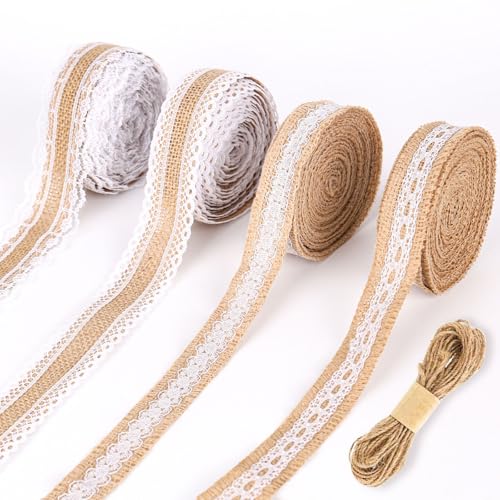 bssmmai 20 M Juteband mit Spitze,4 Rollen Natürliche Jute Bänder + 20M JuteSchnur, Spitzenbordüre Dekoband Rolle für Geschenkverpackung Hochzeit DIY Basteln Hausdeko von bssmmai