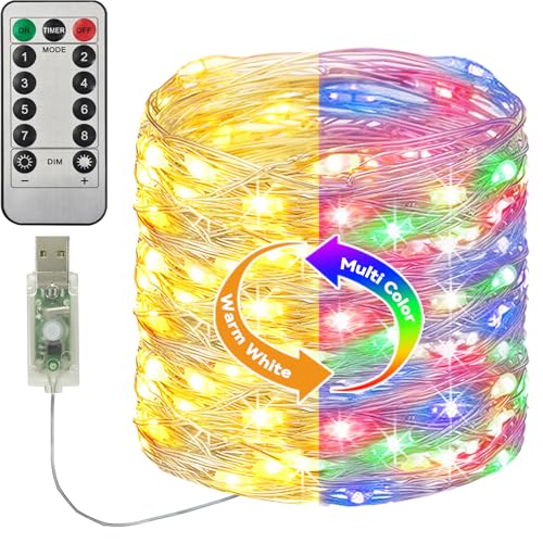 btfarm 120 LED Lichterkette mit USB Stecker und Timer, 12M Kupferdraht Lichterkette Innen mit Fernbedienung, 8 Modi Lichterketten mit Dimmbar für Party Weihnachten Hochzeit Deko, Warmweiß + Bunt von btfarm