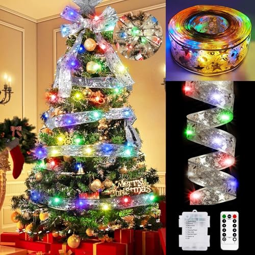 btfarm 12M 120LED Weihnachtsband Lichter mit Fernbedienung, 8 Modi Timer Batteriebetriebene Weihnachtslichterkette für Innen Außen Party Hochzeiten Weihnachtsdeko (Silberband, Bunt Licht) von btfarm