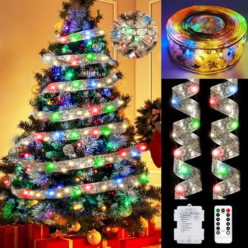 btfarm 12M 120LED Weihnachtsband Lichter mit Fernbedienung, 8 Modi Timer Batteriebetriebene Weihnachtslichterkette für Innen Außen Party Hochzeiten Weihnachtsdeko (Silberband, Bunt Licht) von btfarm