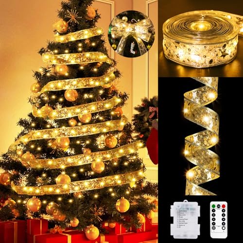 btfarm 12M 120LED Weihnachtsband Lichter mit Fernbedienung 8 Modi Timer Batteriebetriebene Weihnachtslichterkette für Innen Außen Party Hochzeiten Weihnachtsdeko(Goldband, WarmWeiß Licht) von btfarm