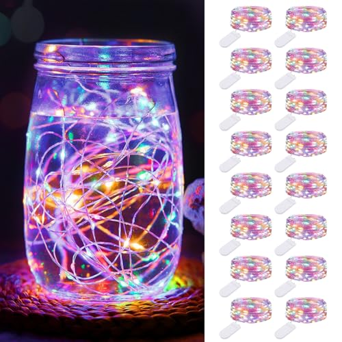 btfarm 16 Stück 20LED Mini Lichterkette mit Batterie Klein, 2M Silberdraht Kleine Lichterkette Batteriebetrieben, Micro Lichterkette Draht für Innen Weihnachten Hochzeit Party Deko, Mehrfarbig von btfarm