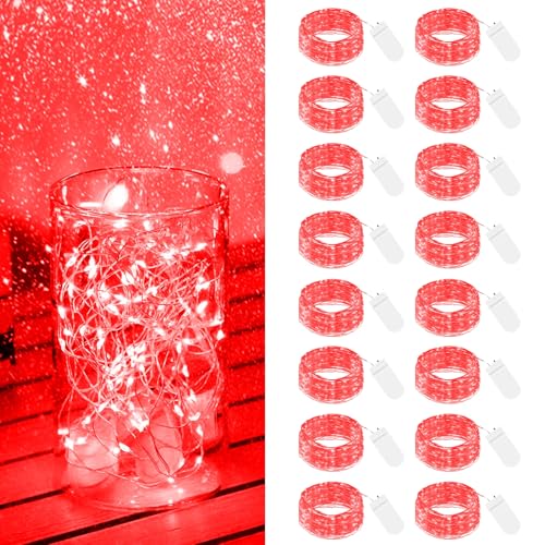 btfarm 16 Stück LED Valentinstag Lichterkette mit Batterie Klein, 2M 20LED Silberdraht Mini Lichterkette Batteriebetrieben, Micro Lichterkette Draht Wasserdichte für Hochzeit Party Innen Deko, Rot von btfarm