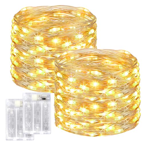 2x12M 120 LED Lichterkette Batterie mit Timer, Btfarm 2 Stück Mini Kupferdraht Lichterkette, Lichterketten Batteriebetrieben (AA Batterie) für Party Weihnachten Halloween Hochzeit Innen Deko, Warmweiß von btfarm