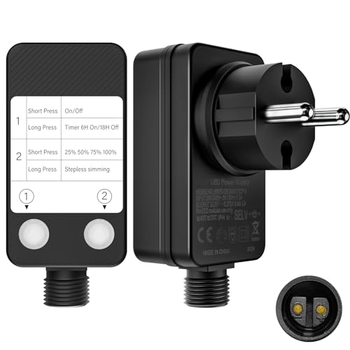 btfarm 24V EU Stecker mit Timer für Lichterkette, 1 Stück Dimmbar LED Lichterketten Adapter Stecker mit Speicherfunktion, IP44 Wasserdicht Transformator für Glühbirnen Lichterkette von btfarm