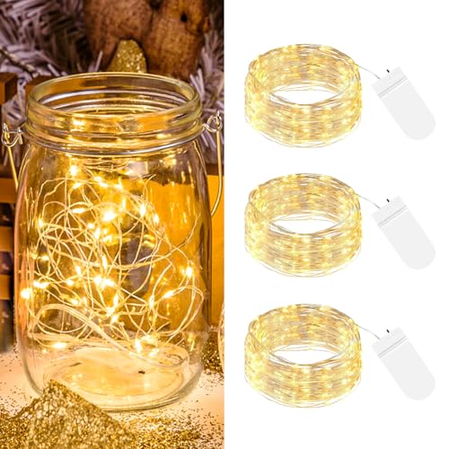 btfarm 3 Stück LED Lichterkette mit Batterie Klein, 2M 20LED Silberdraht Mini Lichterkette Batteriebetrieben, Micro Lichterkette Draht Wasserdichte für Weihnachten Hochzeit Party Innen Deko, WarmWeiß von btfarm