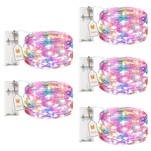 btfarm 5 Stück LED Lichterkette Batterie mit Timer, 2M 20 LED Micro Silberdraht Lichterkette Innen Batteriebetrieben für Party Weihnachten Hochzeit Halloween Innen Deko, Bunt von btfarm