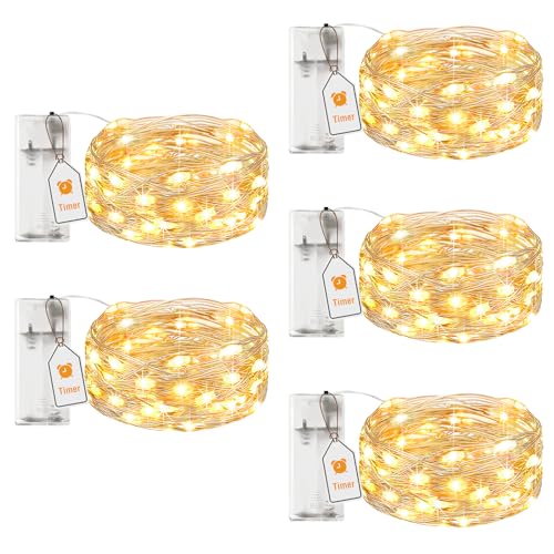 btfarm 5 Stück LED Lichterkette Batterie mit Timer, 2M 20 LED Micro Silberdraht Lichterkette Innen Batteriebetrieben für Party Weihnachten Hochzeit Halloween Innen Deko, Warmweiß von btfarm