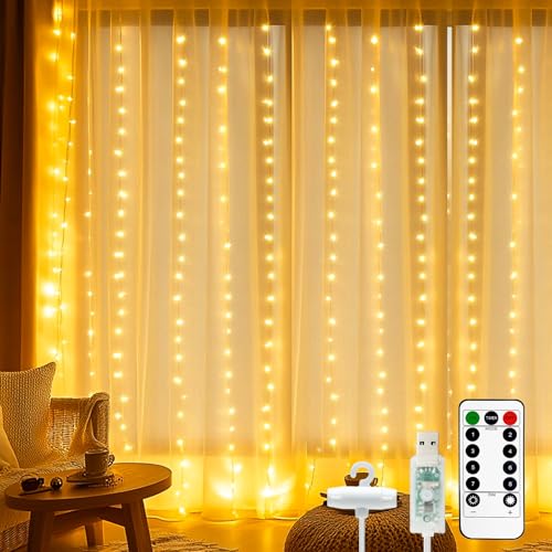 btfarm Lichtervorhang 3x3m, 300 LED Lichterketten Vorhang Innen mit Fernbedienung 8 Modi Timer USB Lichterkettenvorhang Wasserdicht für Schlafzimmer Zimmer Party Weihnachten Deko, Warmweiß von btfarm