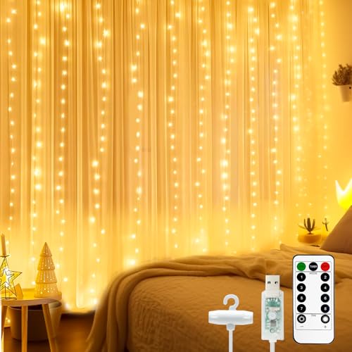 btfarm Lichtervorhang Innen 2x2m, 200 LED Lichterketten Vorhang mit Fernbedienung 8 Modi Timer USB Lichterkettenvorhang Wasserdicht für Schlafzimmer Zimmer Party Weihnachten Deko, Warmweiß von btfarm